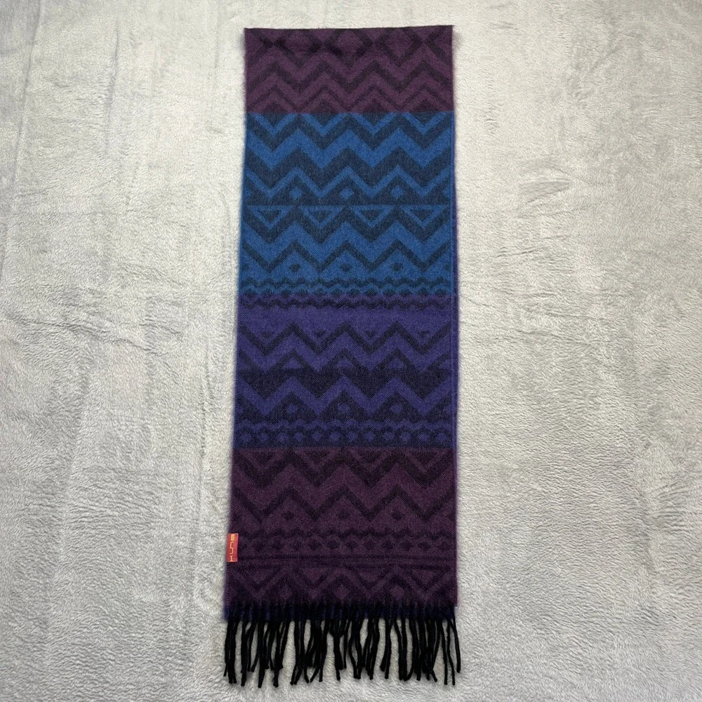 Kuna Scarf Purple Blue 100% Baby Alpaca Chevron Geometric Fringe Peru